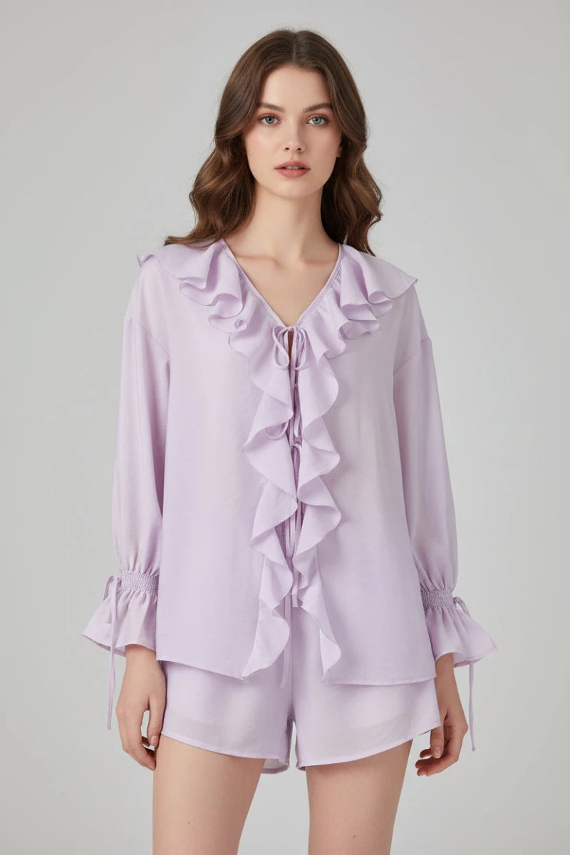 Ruffle Breeze V-Neck 2-Piece Short Set - GoSobiShop Boutique