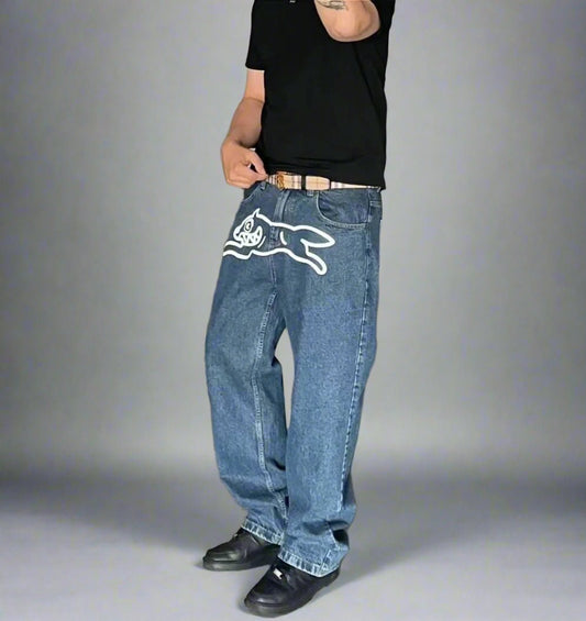 Running dog I.C denim overiszed baggy jeans street wear - GoSobiShop Boutique