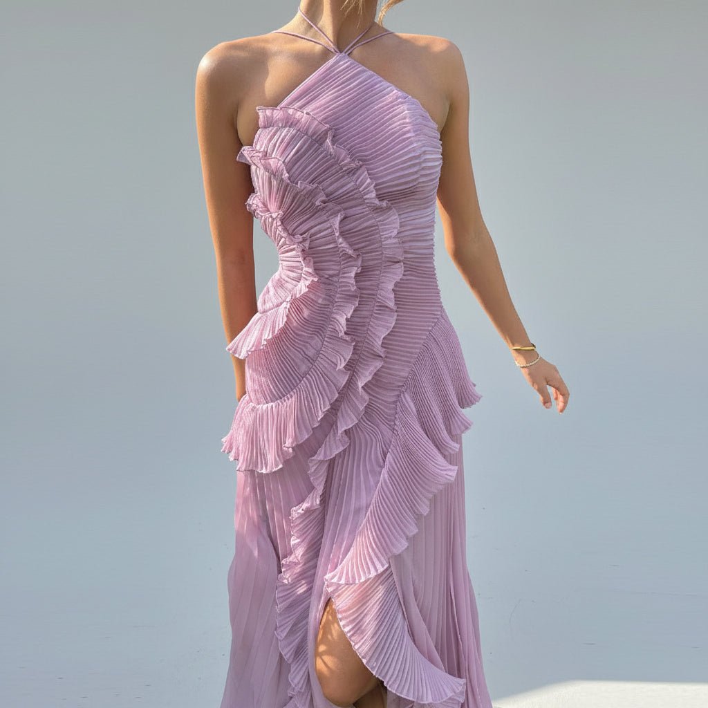 Sara pleated halter neck ruffles maxi dress. - GoSobiShop Boutique
