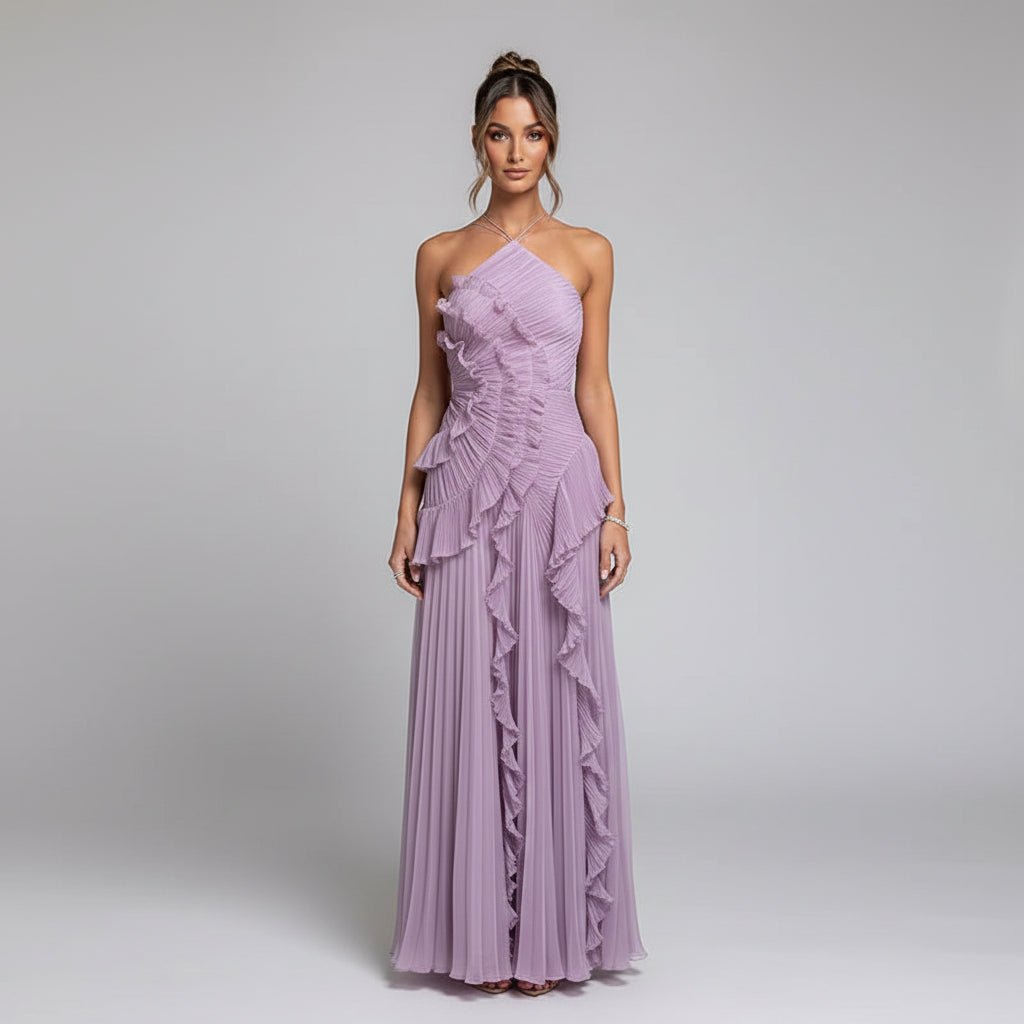 Sara pleated halter neck ruffles maxi dress. - GoSobiShop Boutique