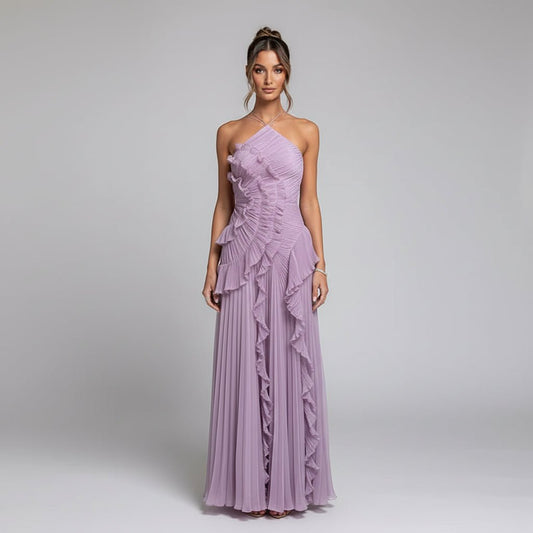Sara pleated halter neck ruffles maxi dress. - GoSobiShop Boutique