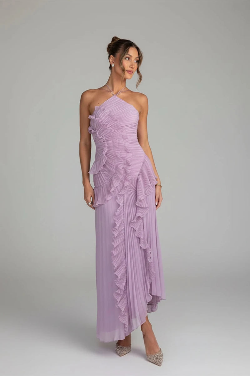Sara pleated halter neck ruffles maxi dress. - GoSobiShop Boutique
