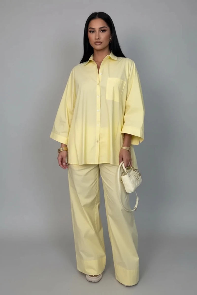 Satin striped oversized shirt and wide legs pants set. - GoSobiShop Boutique