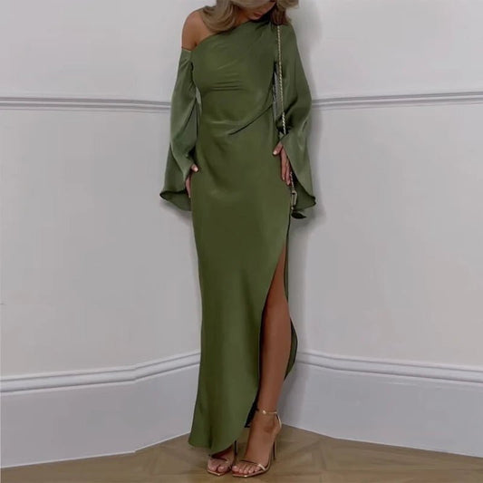 Sexy one shoulder off silk green maxi dress - GoSobiShop Boutique