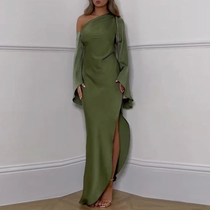 Sexy one shoulder off silk green maxi dress - GoSobiShop Boutique