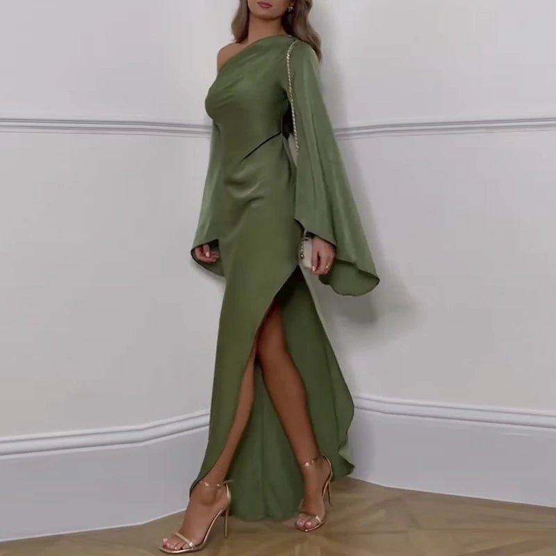 Sexy one shoulder off silk green maxi dress - GoSobiShop Boutique