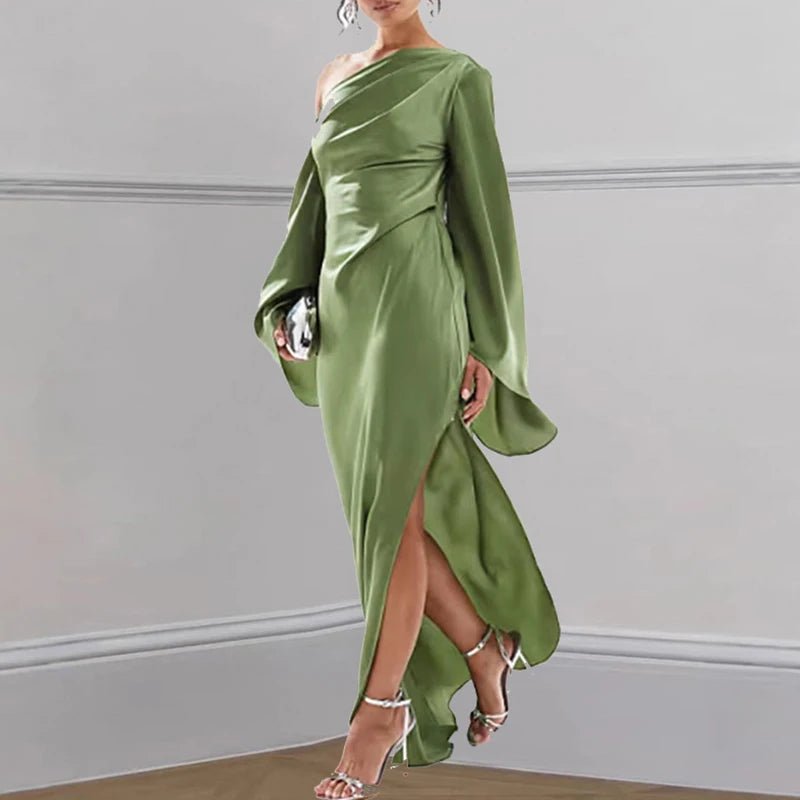 Sexy one shoulder off silk green maxi dress - GoSobiShop Boutique