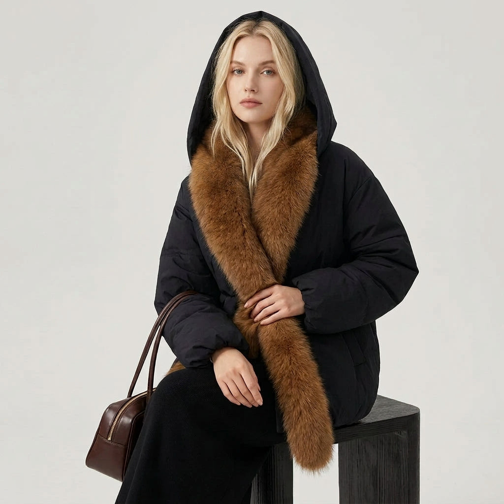 Women's winter puffer jacket with button-front closure and pockets