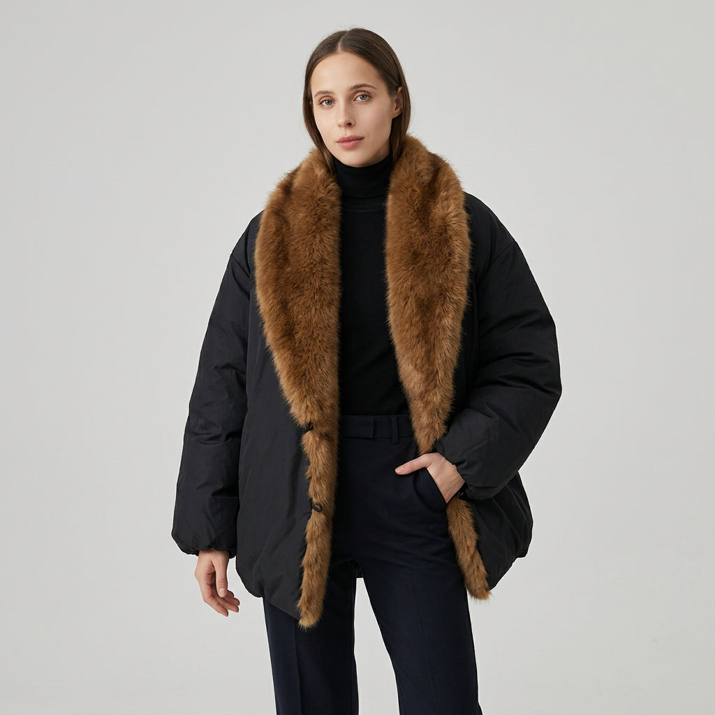 Shaggy faux-fur collar puffer jacket with oversized quilted design