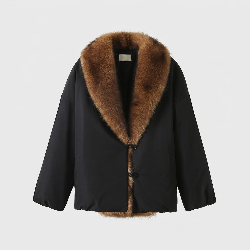 Full view of the oversized faux-fur collar puffer jacket