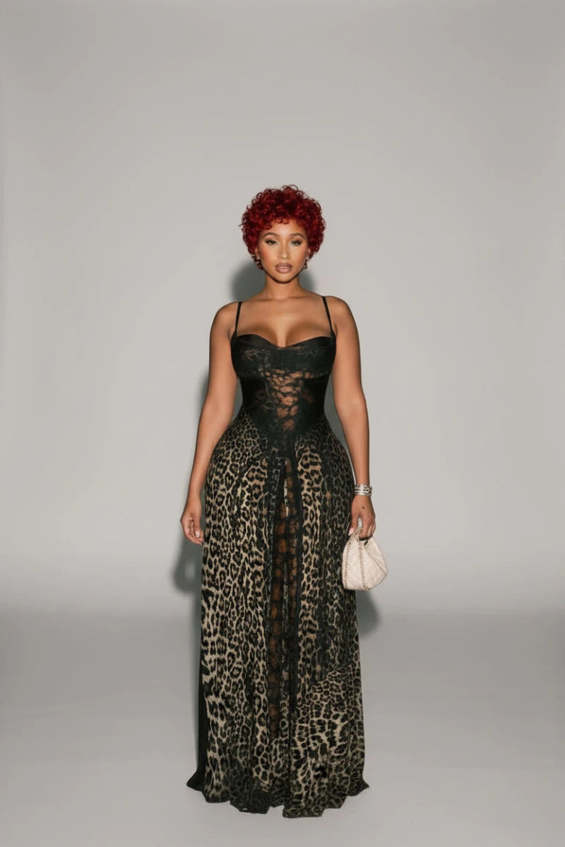 Sheila Leopard tie - wrap backless Maxi dress with sheer bodice. - GoSobiShop Boutique