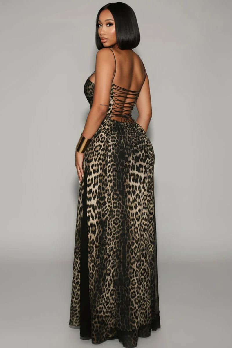 Sheila Leopard tie - wrap backless Maxi dress with sheer bodice. - GoSobiShop Boutique