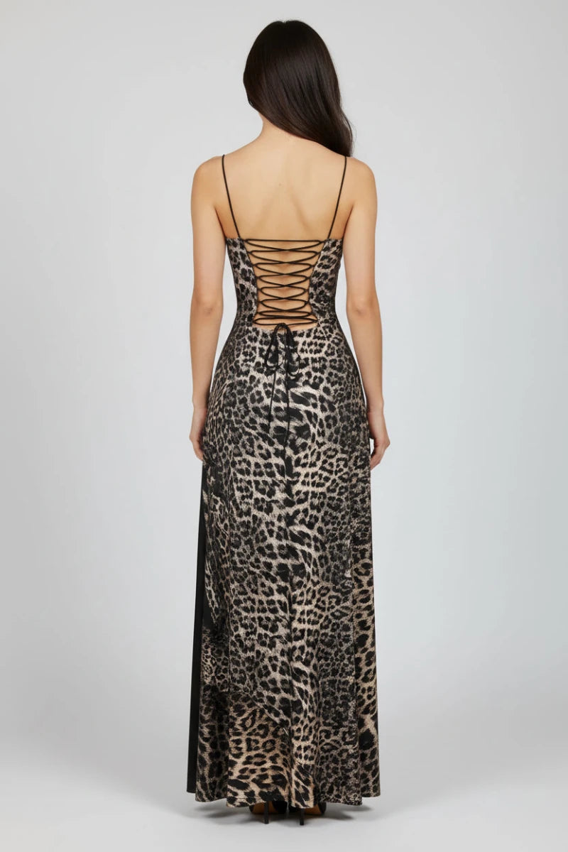 Sheila Leopard tie - wrap backless Maxi dress with sheer bodice. - GoSobiShop Boutique