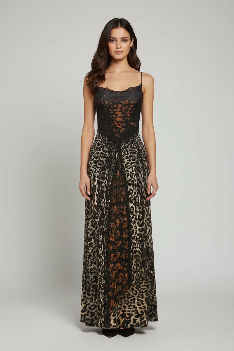 Sheila Leopard tie - wrap backless Maxi dress with sheer bodice. - GoSobiShop Boutique