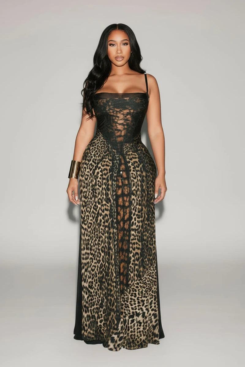 Sheila Leopard tie - wrap backless Maxi dress with sheer bodice. - GoSobiShop Boutique