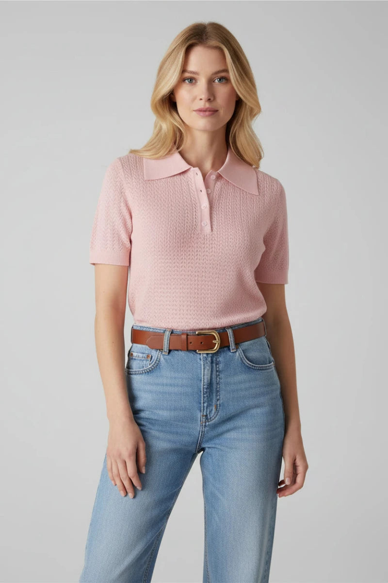 Short Sleeve Knitted Lapel Summer Top – Loose Fit Casual Pullover Blouse - GoSobiShop Boutique