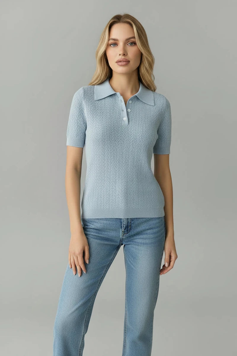 Short Sleeve Knitted Lapel Summer Top – Loose Fit Casual Pullover Blouse - GoSobiShop Boutique