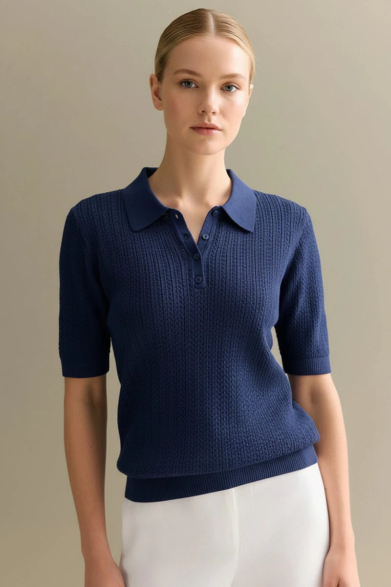 Short Sleeve Knitted Lapel Summer Top – Loose Fit Casual Pullover Blouse - GoSobiShop Boutique