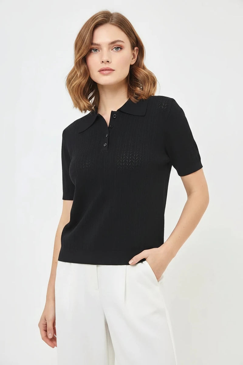Short Sleeve Knitted Lapel Summer Top – Loose Fit Casual Pullover Blouse - GoSobiShop Boutique