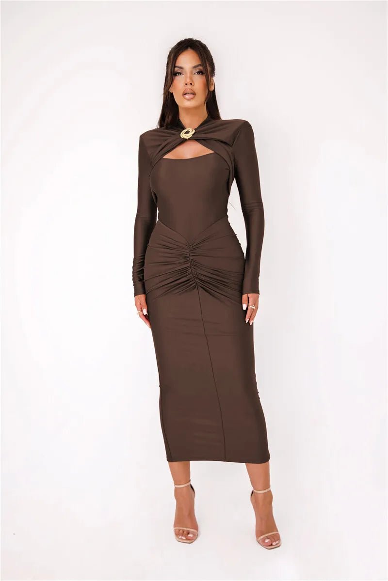 Slit lux neck buckle rushed maxi dress - GoSobiShop Boutique