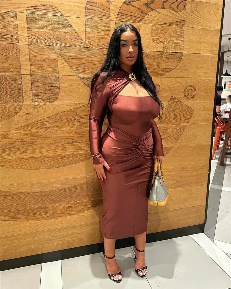 Slit lux neck buckle rushed maxi dress - GoSobiShop Boutique