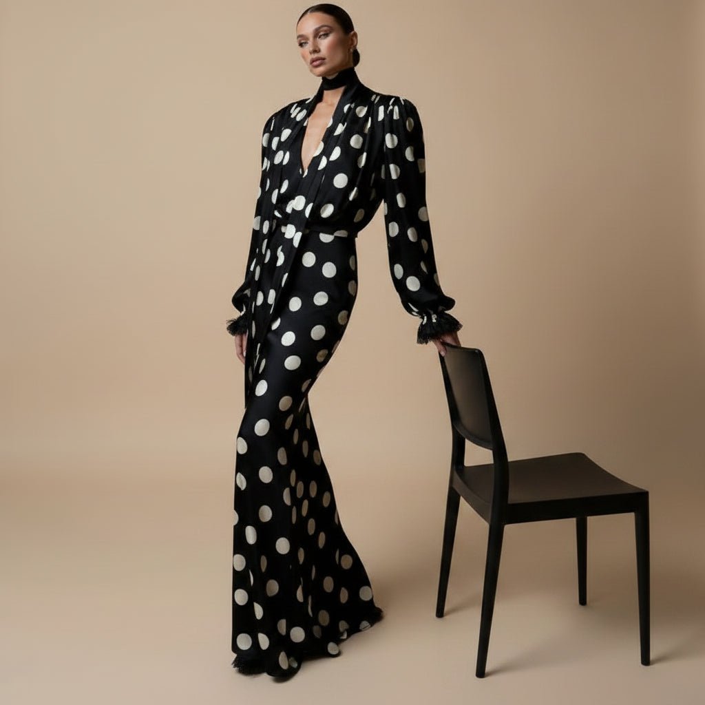 Stacy satin polka dot long sleeves maxi dress. - GoSobiShop Boutique