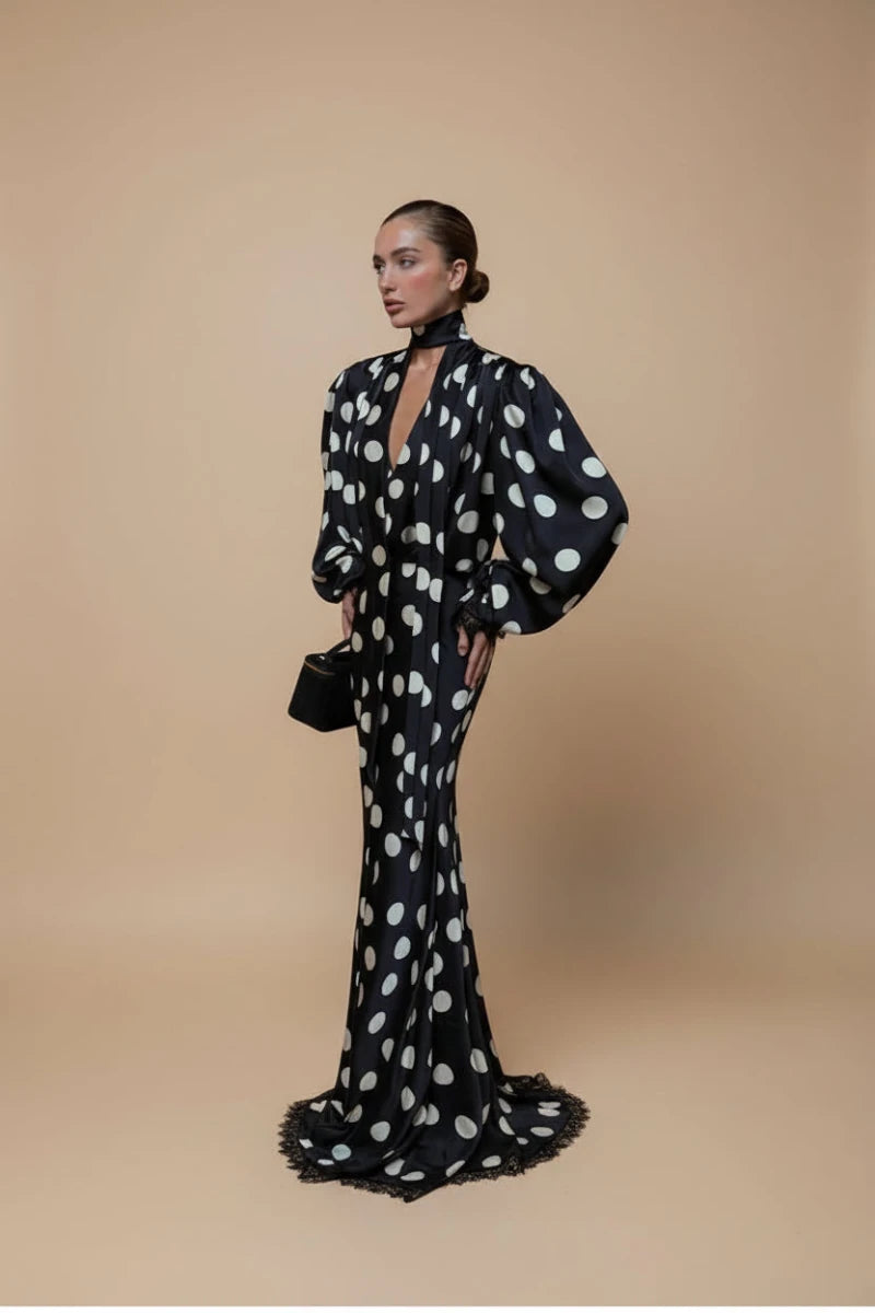 Stacy satin polka dot long sleeves maxi dress. - GoSobiShop Boutique