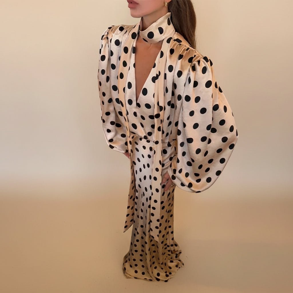Stacy satin polka dot long sleeves maxi dress. - GoSobiShop Boutique