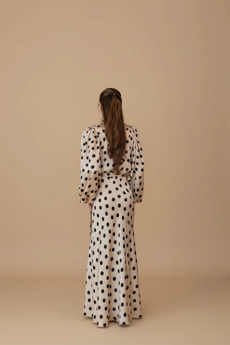 Stacy satin polka dot long sleeves maxi dress. - GoSobiShop Boutique