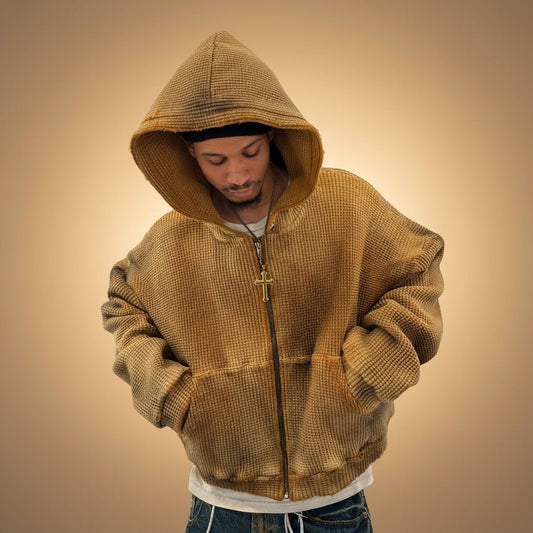 Streetwear knit loose beige hooded jacket. - GoSobiShop Boutique
