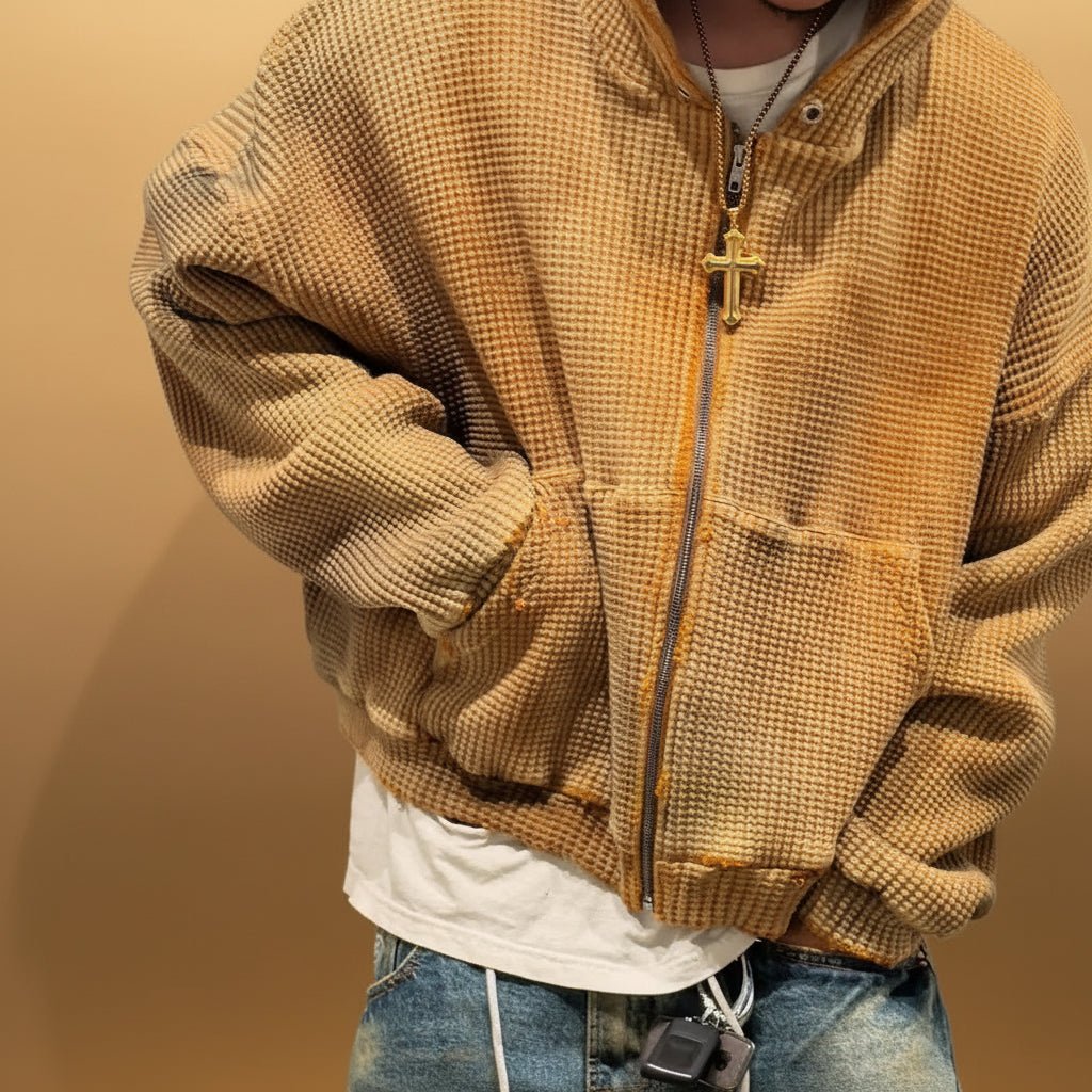 Streetwear knit loose beige hooded jacket. - GoSobiShop Boutique