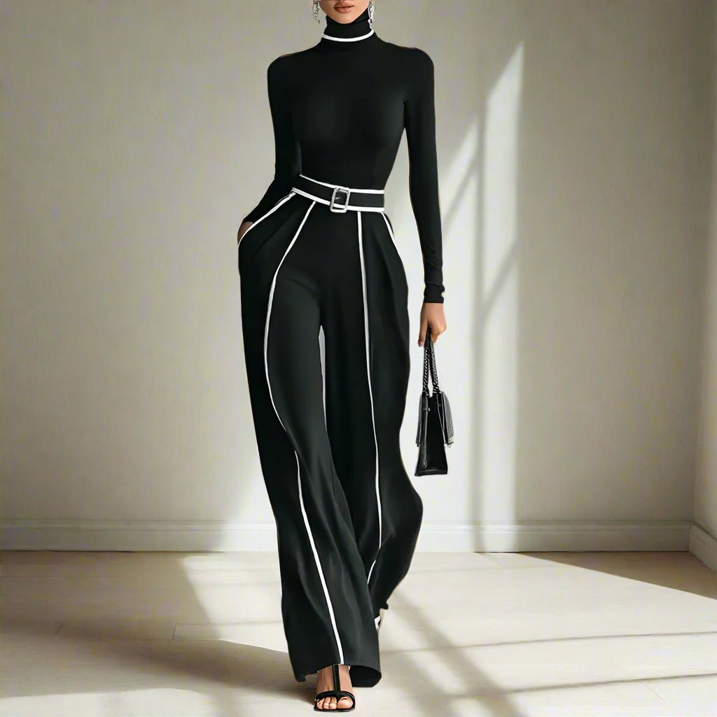 Trim white striped turtleneck and white trim trouser autumn set fall tops co ord set - GoSobiShop Boutique