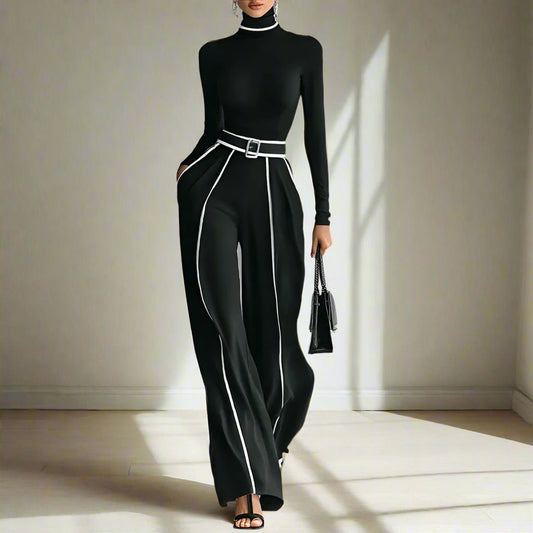 Trim white striped turtleneck and white trim trouser autumn set fall tops co ord set - GoSobiShop Boutique