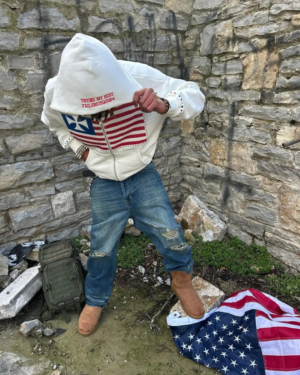 USA flag rhinestones hoodie street wear. - GoSobiShop Boutique