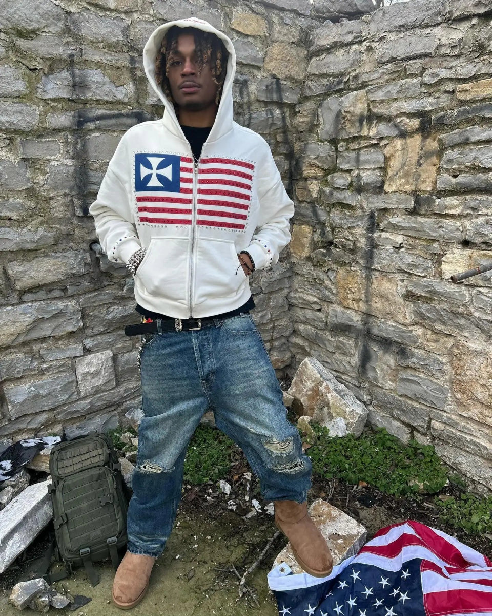USA flag rhinestones hoodie street wear. - GoSobiShop Boutique