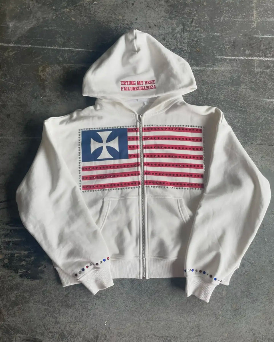 USA flag rhinestones hoodie street wear. - GoSobiShop Boutique