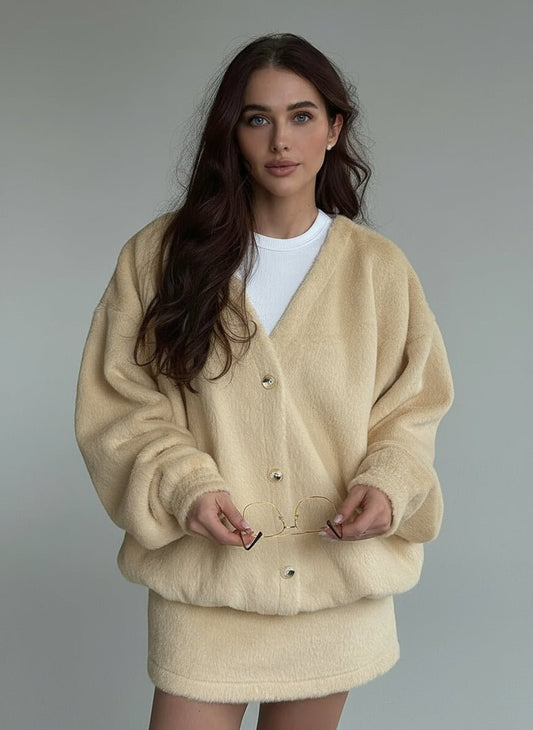 V - neck knit cardigan loose sweater matching skirt 2 piece winter outfit. - GoSobiShop Boutique