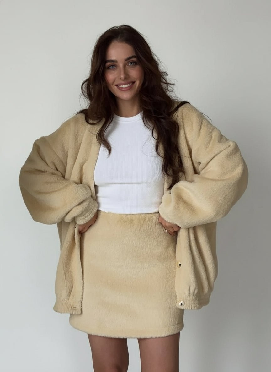 V - neck knit cardigan loose sweater matching skirt 2 piece winter outfit. - GoSobiShop Boutique