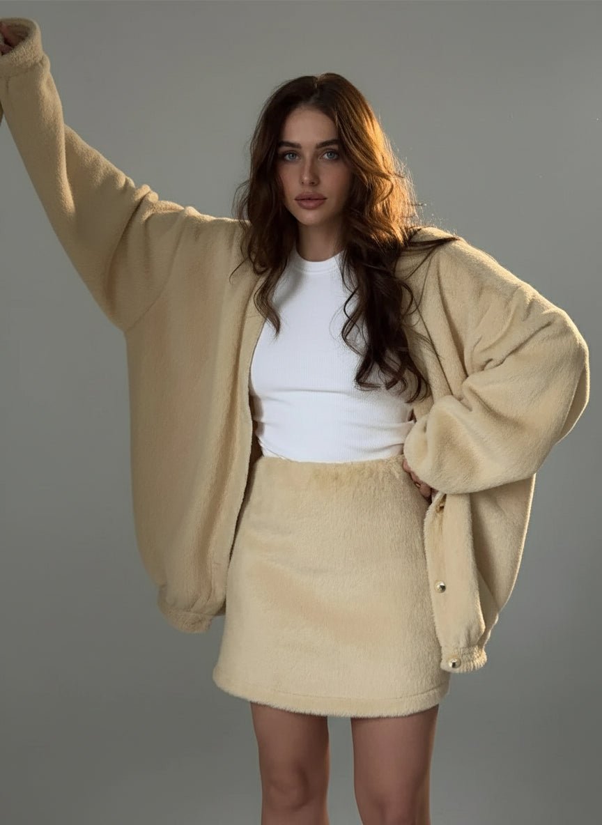 V - neck knit cardigan loose sweater matching skirt 2 piece winter outfit. - GoSobiShop Boutique