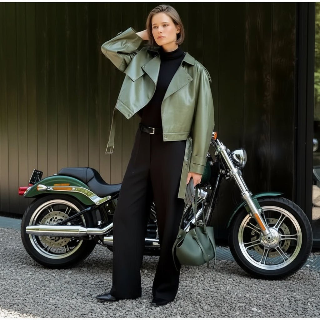 VETA Dark green buckle leather biker jacket fall tops - GoSobiShop Boutique