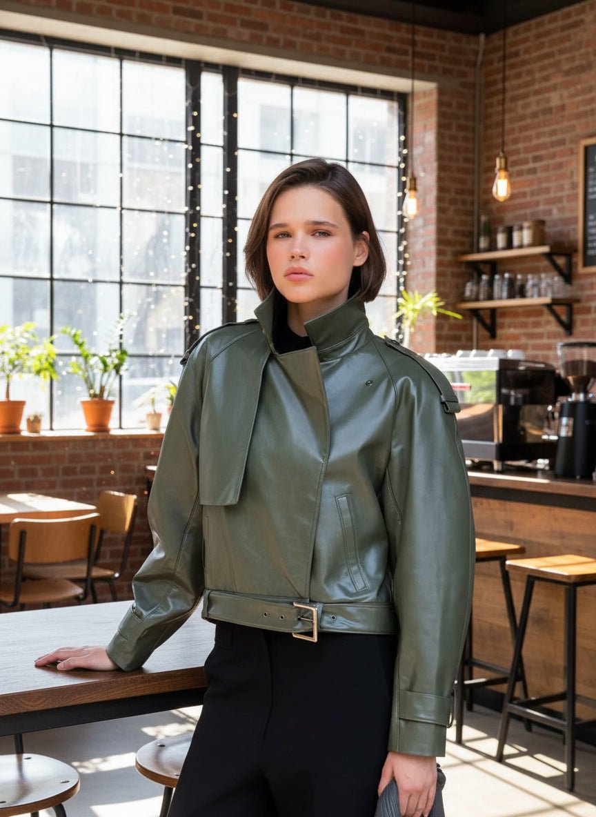 VETA Dark green buckle leather biker jacket fall tops - GoSobiShop Boutique