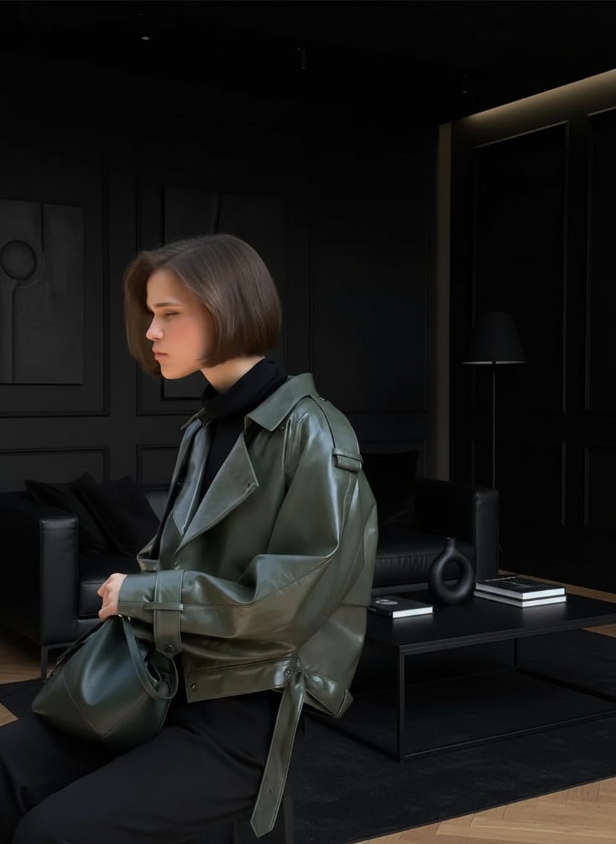 VETA Dark green buckle leather biker jacket fall tops - GoSobiShop Boutique