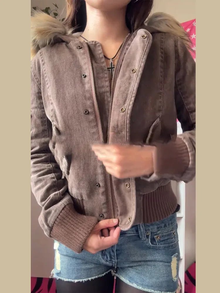 Vintage 2000's era fur brown hoodie winter jacket. - GoSobiShop Boutique