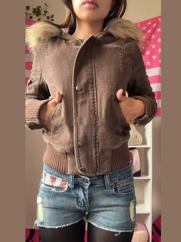 Vintage 2000's era fur brown hoodie winter jacket. - GoSobiShop Boutique