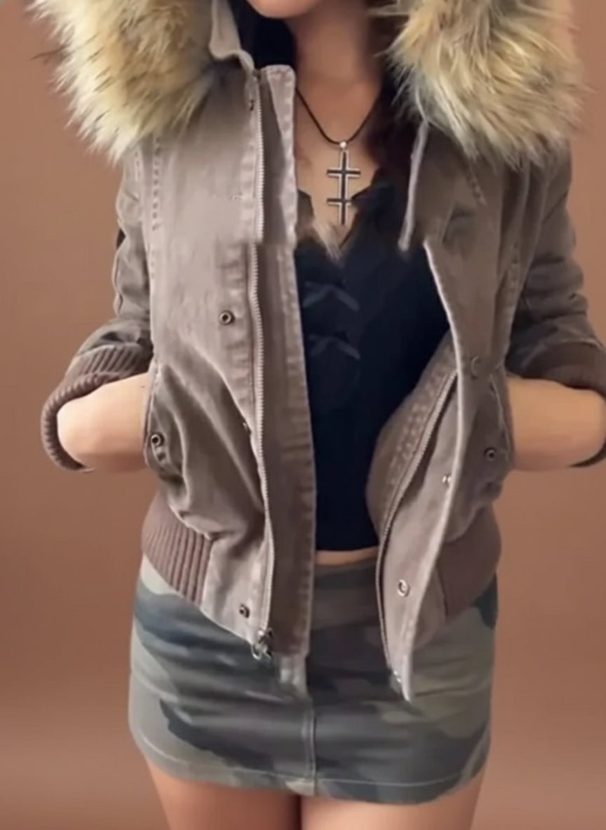 Vintage 2000's era fur brown hoodie winter jacket. - GoSobiShop Boutique