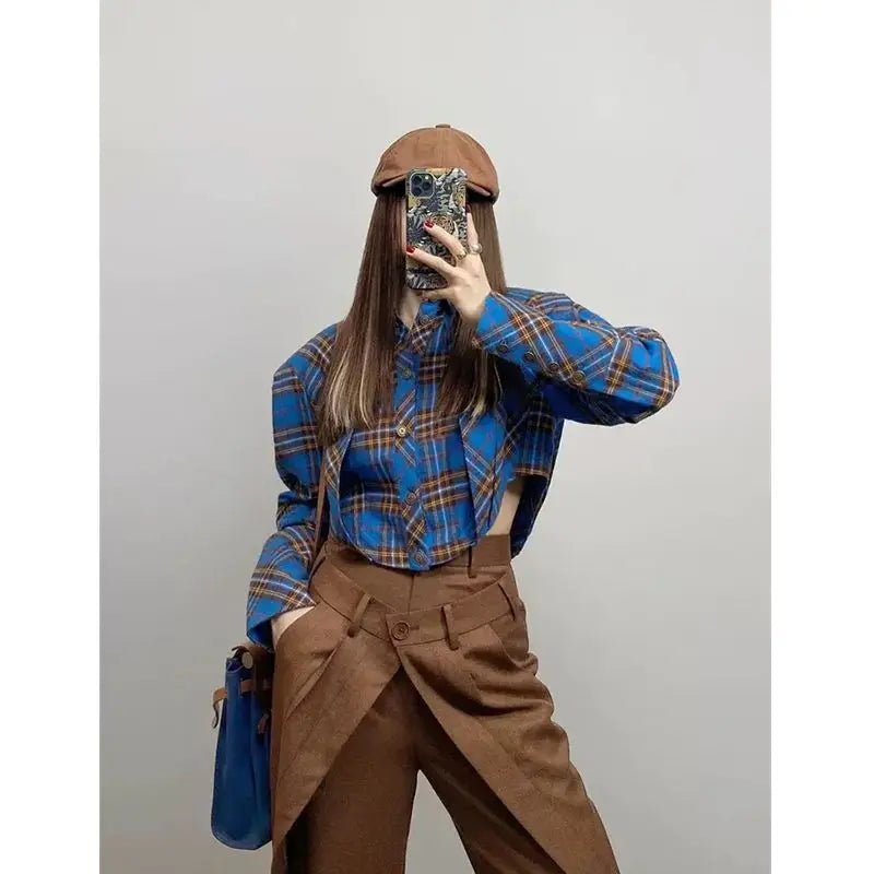 Vintage Plaid blue brown Shirt blouse. - GoSobiShop Boutique