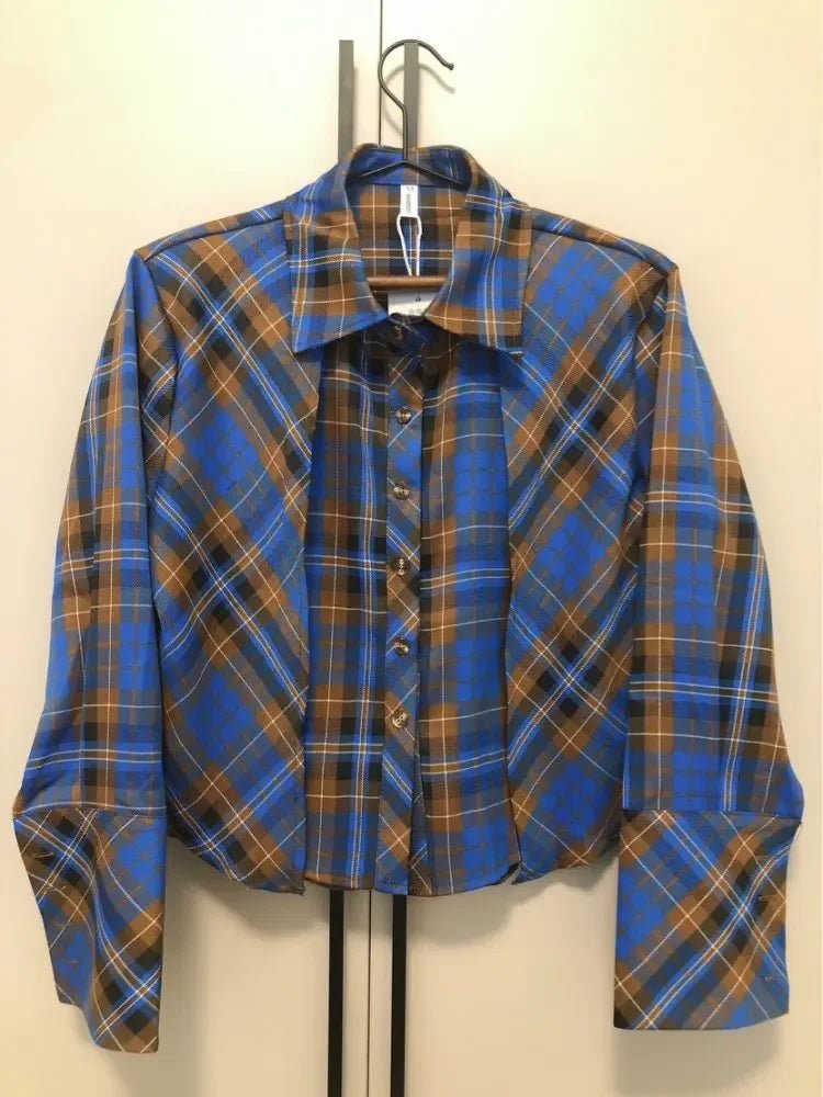 Vintage Plaid blue brown Shirt blouse. - GoSobiShop Boutique