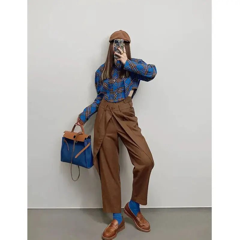 Vintage Plaid blue brown Shirt blouse. - GoSobiShop Boutique