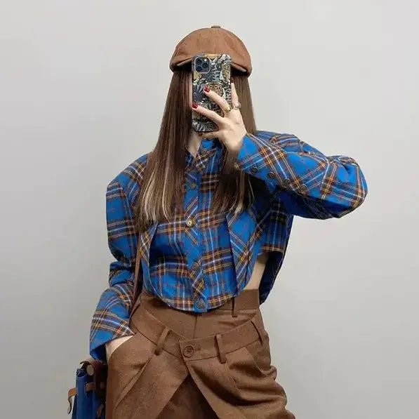 Vintage Plaid blue brown Shirt blouse. - GoSobiShop Boutique