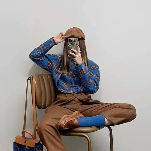 Vintage Plaid blue brown Shirt blouse. - GoSobiShop Boutique